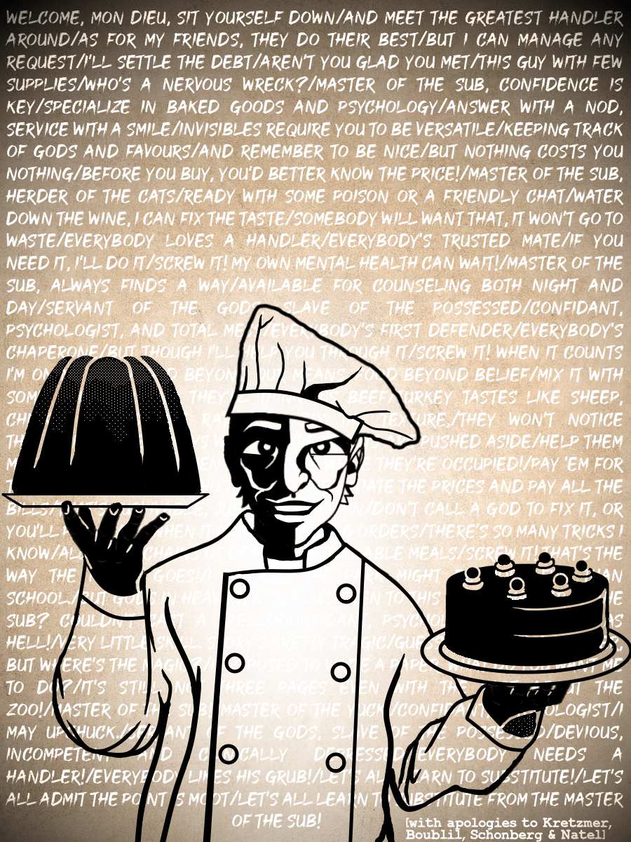 Mordecai, in a chef's outfit, presents a couple of cakes with a disarming smile. For lyric background, see Liner Notes.