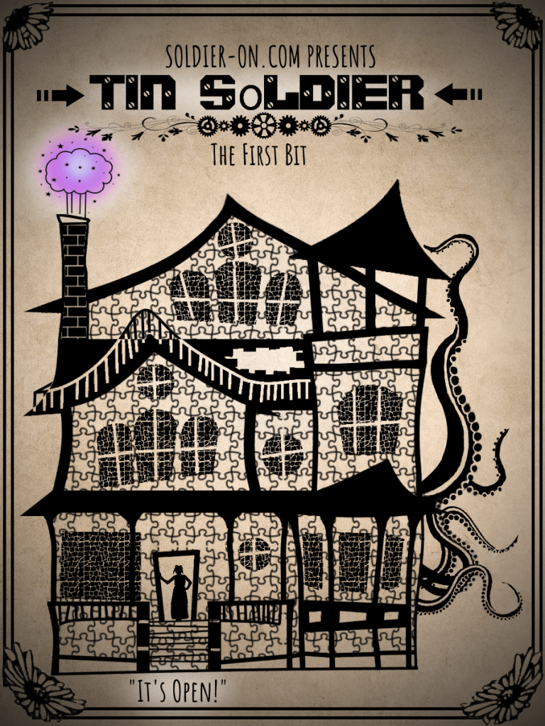 a framed poster-like image of Hyacinth's crooked house, with tentacles coming out of one side, and a cloud of magic purple glitter being ejected from the chimney.