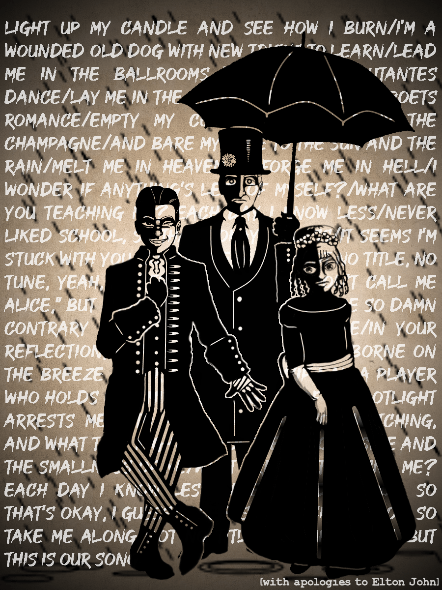 Younger Barnaby, Hyacinth, and David, with an umbrella on a rainy night. For lyrics, see Liner Notes.