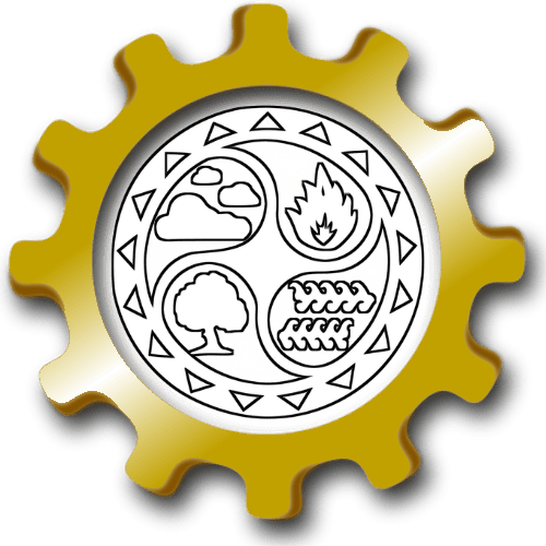 A circular motif with air, fire, earth and water, in a gold gear frame.