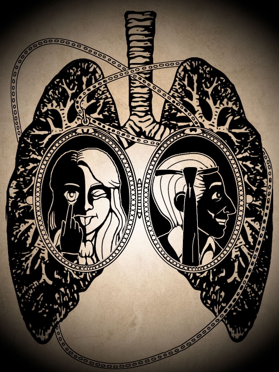 Alba and Mordecai's silly pictures, in an oval locket. The locket's chain is wrapped around a set of lungs.