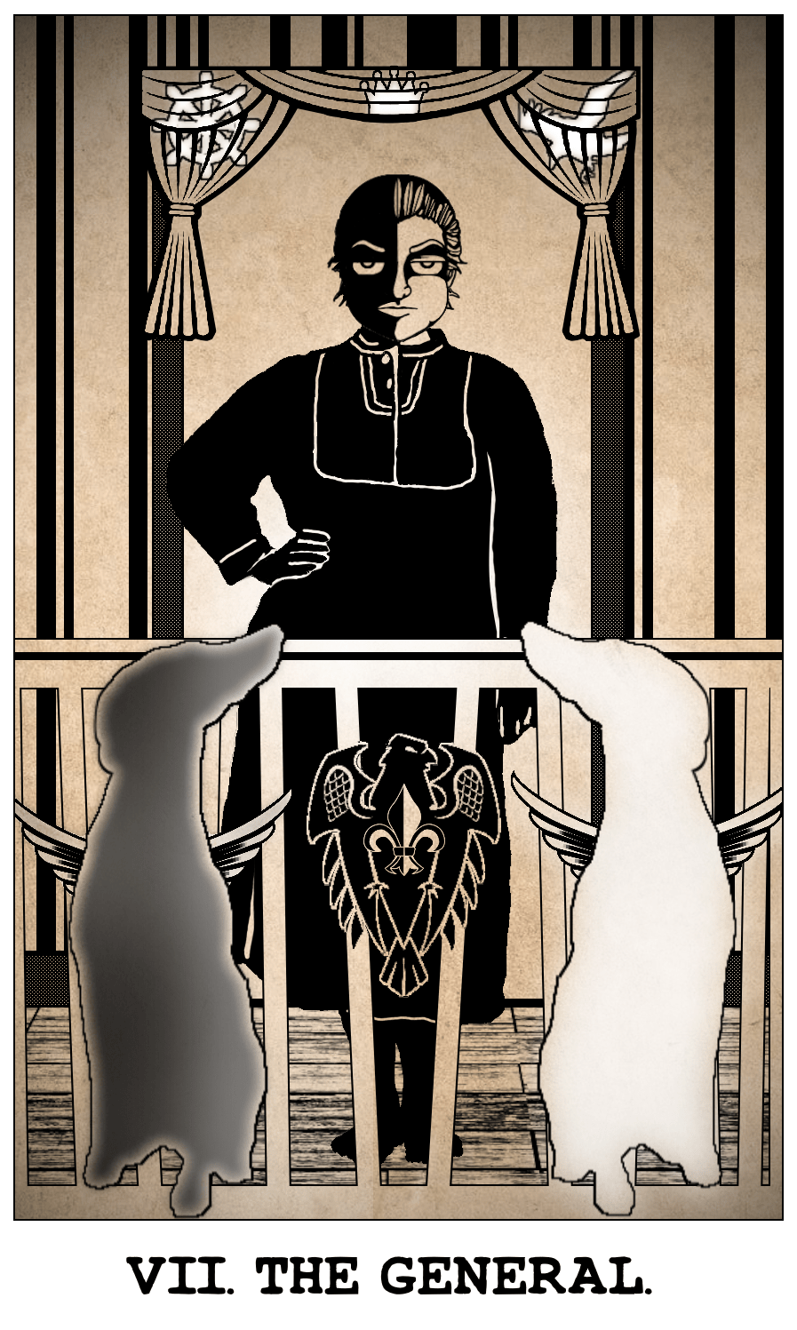 The General's tarot card, based on The Chariot. She is behind the upstairs railing, wearing her nightgown, annoyed.