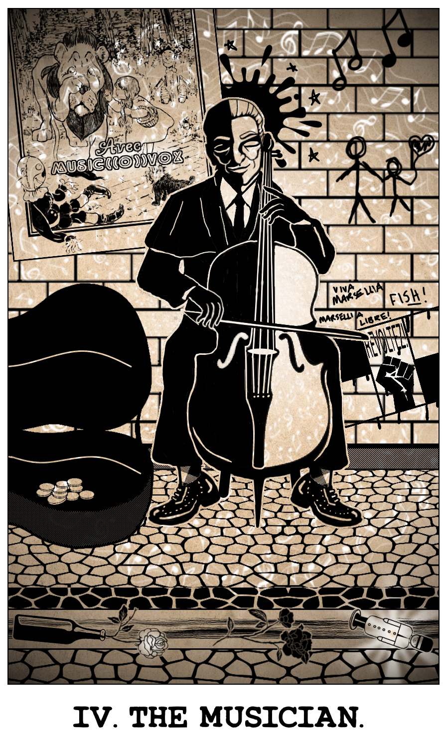 Mordecai's tarot card, The Musician, based on The Emperor. He is playing 'cello on a street corner, with his eyes closed.