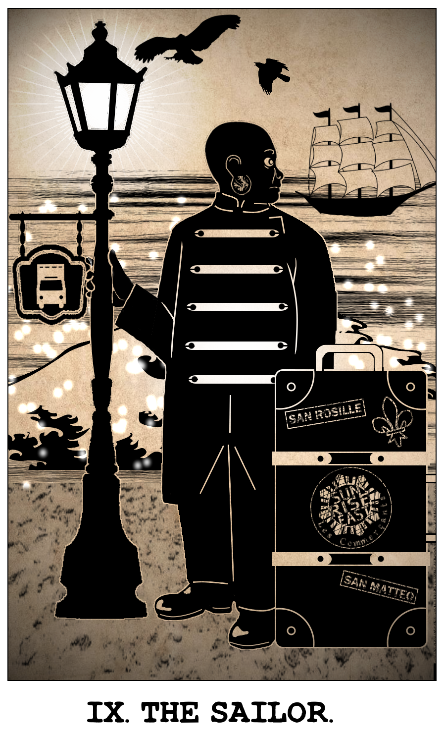 Sanaam's tarot card, The Sailor, based on The Hermit. He is standing at a bus stop with his trunk, waiting to go home, but looking over his shoulder at his ship and the sea.