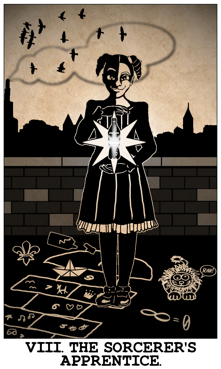 Maggie's Tarot card, The Sorcerer's Apprentice, based on Strength. She appears in Strawberry Square, with a bottle of soda, which she has magicked to levitate and glow. She seems pleased with herself.