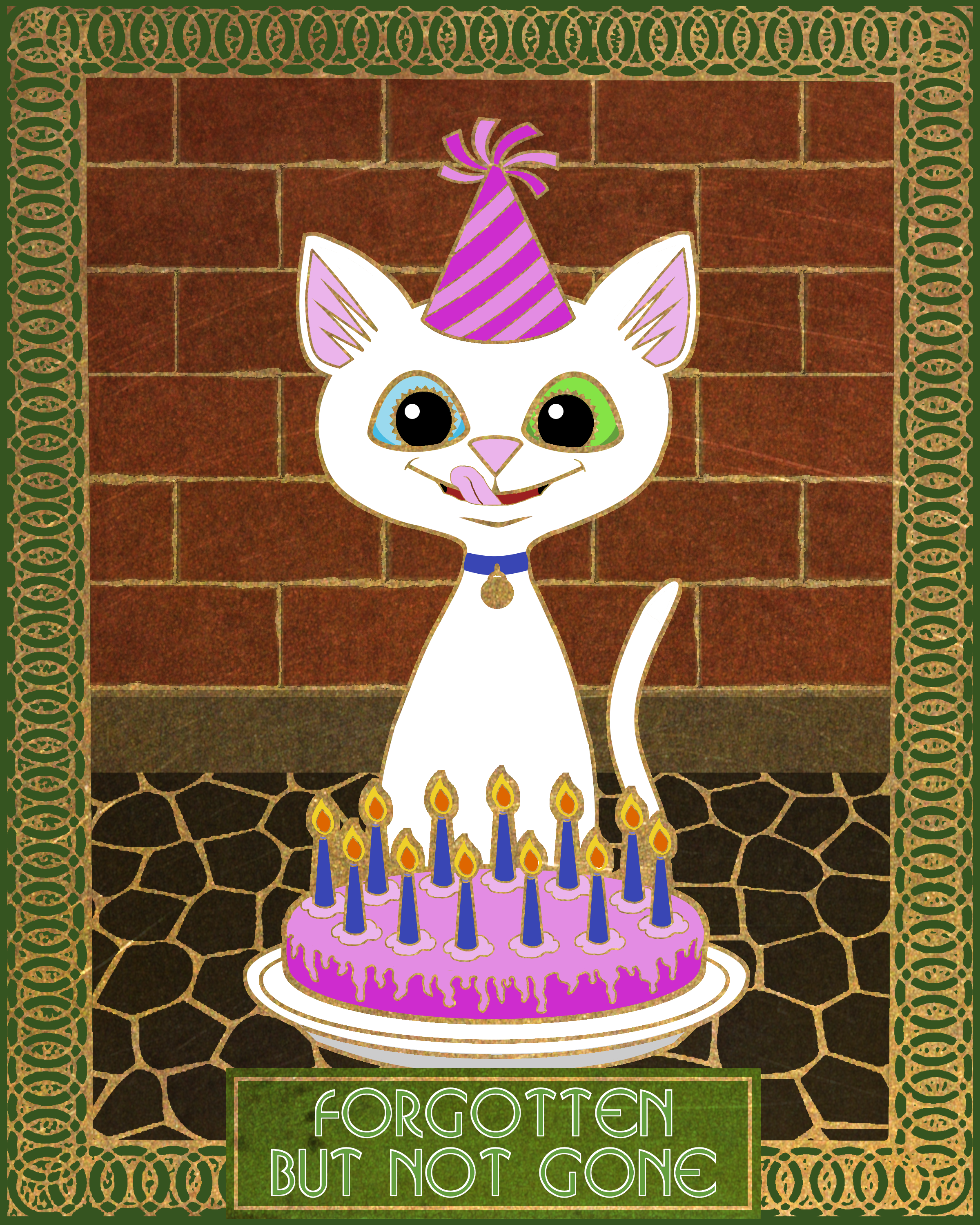 A white cat with one blue eye and one green is wearing a pink striped party hat and eager to consume a birthday cake. There is a brick wall behind him, and the ground is cobblestone. Captioned: Forgotten but Not Gone.