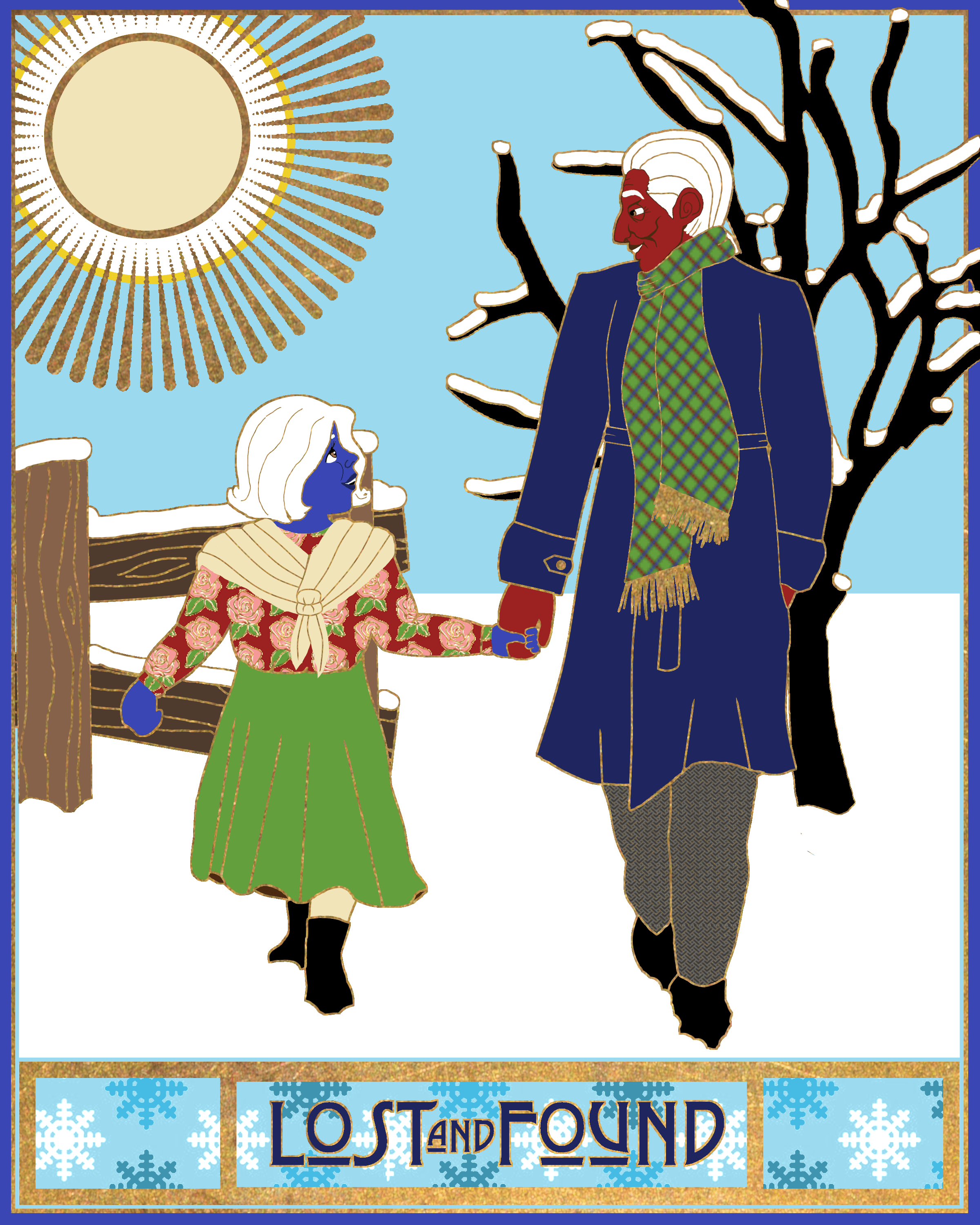 Mordecai and Sofie holding hands and smiling at each other, as they take a walk in the snow. Captioned, Lost and Found.